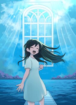 1girl black_hair blue_sky closed_eyes cloud cloudy_sky curtains day dress g_tsurius highres long_hair mari_(omori) mari_(spirit)_(omori) omori open_mouth pier scene_reference short_sleeves sky smile solo water white_dress window