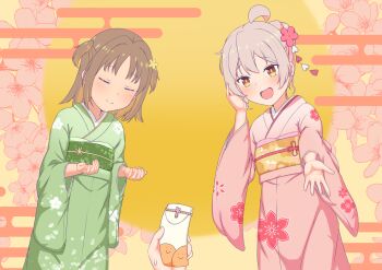 Rule 34 | 2girls, :d, ahoge, blush, braid, braided bun, brown eyes, brown hair, cherry blossom print, cherry blossoms, closed eyes, closed mouth, commentary request, curled fingers, dot nose, egasumi, envelope, expectant, floral background, floral print, flower, flower knot, furisode, genderswap, genderswap (mtf), green kimono, hair bun, hair flower, hair ornament, half updo, hand on own head, hand up, hands up, head bowed, heart, heart hair ornament, highres, holding, holding envelope, japanese clothes, kimono, looking at viewer, multiple girls, nison96080, oka asahi, onii-chan wa oshimai!, open hand, open mouth, otoshidama, outstretched arm, outstretched hand, oyama mahiro, parted bangs, pink hair, pink kimono, pov, reaching, reaching towards viewer, rose print, short hair, sidelocks, smile, sweatdrop, two side up, yellow background, yellow circle