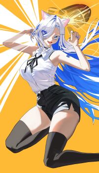 1girl absurdres animal_ear_fluff animal_ears arm_tattoo arms_up barcode barcode_tattoo bare_arms black_choker black_ribbon black_shorts black_thighhighs blue_eyes blue_hair blue_nails breasts cat_ears cat_girl chainsaw_man choker collared_shirt colored_inner_hair cosplay fang fingernails foot_out_of_frame ging_nari hair_ornament hair_over_one_eye hashtag-only_commentary heart heart_hair_ornament highres indie_virtual_youtuber large_breasts long_hair looking_at_viewer mole mole_under_eye multicolored_hair nail_polish neck_ribbon onigirikao open_mouth parted_bangs reze_(chainsaw_man) reze_(chainsaw_man)_(cosplay) ribbon shirt shirt_tucked_in short_shorts shorts side_slit side_slit_shorts skin_fang skindentation sleeveless sleeveless_shirt smile solo tattoo thighhighs thighs two-tone_hair virtual_youtuber white_hair white_shirt yellow_background
