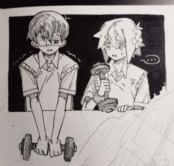 ... 2boys antenna_hair basil_(faraway)_(omori) basil_(omori) chinese_commentary collarbone collared_shirt commentary_request double-parted_bangs dumbbell exercising eyepatch flower greyscale hair_between_eyes hair_flower hair_ornament highres holding holding_dumbbell looking_at_another male_focus monochrome moonskysoon multiple_boys omori parted_lips shirt short_hair sidelocks spoilers spoken_ellipsis sunny_(omori) sweatdrop sweater_vest traditional_media v_arms weightlifting