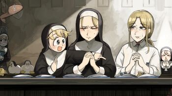 5girls :d baby_animal bible_(object) bird blonde_hair blue_eyes brown_hair chicken clumsy_nun_(diva) commentary diva_(hyxpk) duck duckling english_commentary froggy_nun_(diva) glasses glasses_nun_(diva) highres la_chancla little_nuns_(diva) long_hair mole mole_on_cheek motion_blur multiple_girls no_hair_ornament note nun open_mouth praying round_eyewear shirt slippers smile strict_nun's_mother_(diva) strict_nun_(diva) traditional_nun triangle_mouth white_shirt