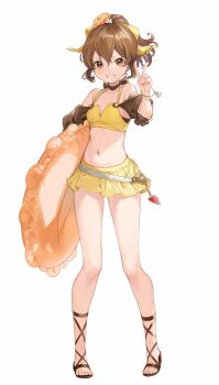 1girl alternate_costume bikini breasts brown_eyes brown_hair delthea_(fire_emblem) fire_emblem fire_emblem_echoes:_shadows_of_valentia flower hair_flower hair_ornament haru_(nakajou-28) highres holding nintendo ponytail pool_float sandals simple_background smile solo swimsuit white_background yellow_bikini