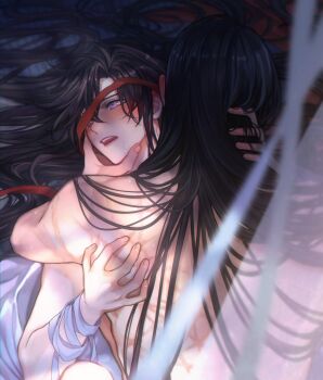 2boys absurdres alternate_hairstyle anal back bed_sheet bite_mark black_hair blurry blurry_foreground blush boy_on_top couple crying curtains ganen_cheese hair_down hair_ribbon hair_spread_out hand_in_another&#039;s_hair hand_on_another&#039;s_back hand_on_another&#039;s_chin highres hug implied_sex lan_wangji long_hair looking_at_another lying male_focus missionary modao_zushi multiple_boys nude on_back on_bed open_mouth purple_eyes red_ribbon ribbon scar scar_on_back see-through_curtains sex sweat tears teeth untied_ribbon upper_body upper_teeth_only very_long_hair wei_wuxian white_ribbon wrist_ribbon yaoi