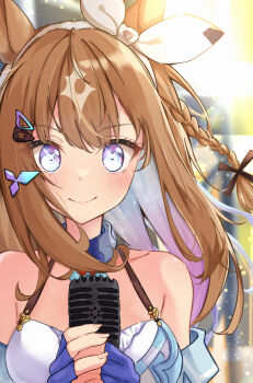 Rule 34 | + +, 1girl, absurdres, almond eye (umamusume), animal ears, bare shoulders, blue gloves, blue hair, blue sleeves, blush, bow hairband, braid, brown hair, closed mouth, colored inner hair, detached sleeves, dress, fingerless gloves, gloves, gradient hair, hairband, highres, holding, holding microphone, horse ears, horse girl, long hair, looking at viewer, microphone, multicolored hair, purple hair, single braid, smile, solo, tiara (871220), umamusume, white dress, white hairband