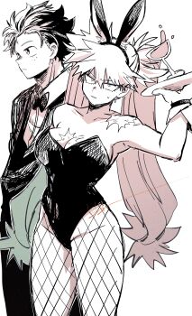 1boy 1girl alternate_costume animal_ears armpits bakugou_katsuki bare_shoulders bibiri_(r42r98r) black_bow black_bowtie black_hair black_jacket black_leotard boku_no_hero_academia bow bowtie breasts cleavage cocktail cocktail_glass collarbone commentary_request cowboy_shot cup drinking_glass fake_animal_ears fishnet_pantyhose fishnets freckles genderswap genderswap_(mtf) gloves groin hand_up hatching highres holding holding_tray jacket large_breasts leotard looking_at_viewer looking_to_the_side midoriya_izuku pantyhose playboy_bunny rabbit_ears scar scar_on_chest scar_on_shoulder signature spilling spot_color standing sweatdrop tray tsurime tuxedo twintails white_gloves