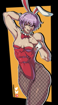 1girl abs adjusting_bowtie animal_ear_hairband animal_ears antonubbies arm_behind_head black_border bluesky_logo border bow bowtie breasts collar commentary darkstalkers drop_shadow english_commentary fake_animal_ears fang fishnet_pantyhose fishnets grey_pantyhose grin hairband leotard lilith_(darkstalkers) looking_at_viewer muscular muscular_female one_eye_closed open_mouth orange_background outline pantyhose patreon_logo playboy_bunny purple_hair rabbit_ears red_bow red_bowtie red_eyes red_leotard short_hair small_breasts smile solo strapless strapless_leotard twitter_logo twitter_username white_collar white_outline white_wrist_cuffs wrist_cuffs