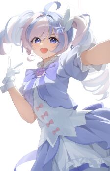 1girl absurdres ahoge blue_archive bow bowtie commentary_request cowboy_shot drill_hair gloves hair_intakes hair_ornament hand_up highres jacket k_cyp layered_skirt looking_at_viewer multicolored_hair open_mouth purple_bow purple_bowtie purple_eyes purple_jacket reisa_(blue_archive) reisa_(magical)_(blue_archive) selfie shirt short_sleeves simple_background skirt smile solo standing star_(symbol) star_hair_ornament twin_drills twintails two-tone_hair two-tone_skirt v white_background white_gloves white_shirt