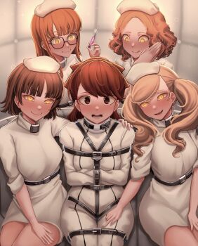 5girls absurdres blonde_hair blush bodysuit bound bound_arms bound_legs brown_eyes brown_hair dankestofdans hat highres holding holding_syringe licking_lips looking_at_viewer multiple_girls niijima_makoto nurse nurse_cap okumura_haru orange_hair padded_walls persona persona_5 sakura_futaba shadow_(persona) smile straitjacket syringe takamaki_anne tongue tongue_out twintails variant_set wavy_mouth white_bodysuit yellow_eyes yoshizawa_kasumi yuri