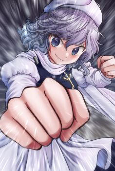 Rule 34 | 1girl, apron, blue eyes, blue skirt, blue vest, clenched hands, closed mouth, commentary request, emphasis lines, grey hair, hat, highres, incoming attack, incoming punch, juliet sleeves, kyabekko, lapel pin, letty whiterock, long sleeves, looking at viewer, medium hair, puffy sleeves, punching, scarf, skirt, smile, solo, touhou, vest, waist apron, white apron, white scarf