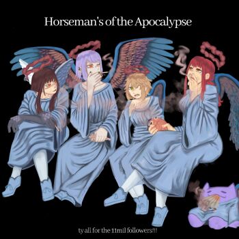 4girls black_hair black_sabbath blood blood_halo blowing_smoke braid braided_ponytail chainsaw_man cigarette death_devil_(chainsaw_man) demonhonho fami_(chainsaw_man) halo highres holding holding_cigarette liquid_halo long_hair makima_(chainsaw_man) multiple_girls open_mouth purple_hair red_hair ringed_eyes smoke smoke_trail smoking yellow_eyes yoru_(chainsaw_man)