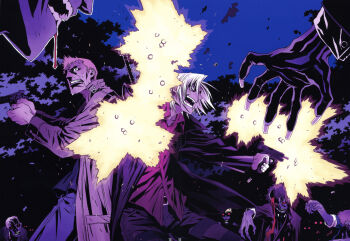 Rule 34 | 2boys, absurdres, back-to-back, battle, belt, bleeding, blood, blood from mouth, blood on face, blue skin, casing ejection, coat, colored skin, dante (devil may cry), denim, devil may cry (series), dual wielding, finger on trigger, fingernails, firing, firing at viewer, force edge (dmc), gun, handgun, highres, holding, holding gun, holding weapon, jacket, jeans, long fingernails, miwa shirow, multiple boys, muzzle flash, open mouth, outstretched arms, pants, red eyes, red shirt, revolver, scan, scared, shell casing, shirt, short hair, thigh belt, thigh strap, tree, trench coat, weapon, white hair, zombie, zombie pose