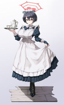1girl absurdres alternate_costume animal_ear_fluff animal_ears apron beetleasd black_eyes black_hair blue_archive breasts bridal_gauntlets commentary cup dress enmaided extra_ears full_body hair_between_eyes halo highres holding holding_tray large_breasts long_sleeves looking_at_viewer maid maid_headdress raccoon_ears red_halo short_hair single_bridal_gauntlet skirt_hold smile solo teacup teapot tray tsubaki_(blue_archive) white_apron