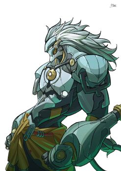 1boy 9tine_lime absurdres artificial_eye artist_name banyue_(zenless_zone_zero) clothed_robot clothes_around_waist commentary_request cowboy_shot from_side grey_hair grey_tail highres humanoid_robot male_focus mechanical_arms mechanical_eye mechanical_hands mechanical_tail metal_skin orb robot robot_boy simple_background solo tail white_background zenless_zone_zero