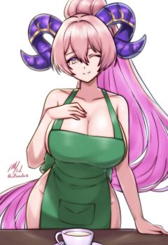 1girl ;) absurdly_long_hair apron back_bow bow breasts cleavage closed_mouth coffee collarbone commentary cowboy_shot english_commentary fire_emblem goat_horns gradient_eyes gradient_hair green_apron green_bow groin hair_between_eyes hair_intakes hand_on_own_chest hand_on_table high_ponytail highres horns huge_breasts iced_latte_with_breast_milk_(meme) long_hair meme multicolored_eyes multicolored_hair naked_apron nerthuz_(fire_emblem) nintendo one_eye_closed pink_hair ponytail purple_eyes purple_hair purple_horns rotomdocs signature simple_background smile solo twitter_username very_long_hair white_background yellow_eyes