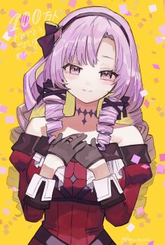 1girl bare_shoulders black_gloves black_hairband breasts choker commentary detached_sleeves dress drill_hair gloves hairband half_gloves highres hyakumantenbara_salome juliet_sleeves large_breasts long_hair long_sleeves nijisanji off-shoulder_dress off_shoulder pink_eyes pink_hair puffy_sleeves smile solo soyaka translation_request twitter_username virtual_youtuber