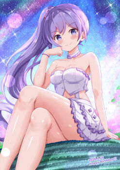1girl bare_arms bare_shoulders blue_sky blush bracelet breasts cleavage collarbone commentary_request crossed_legs dated frilled_skirt frills happy_birthday highres jewelry lens_flare long_hair ongeki ponytail purple_eyes purple_hair purple_shirt purple_skirt salute shirt sitting skirt sky small_breasts smile solo star_(sky) straight-arm_salute strapless strapless_shirt takase_rio takase_rio_(swimsuit) thighs very_long_hair xenon_(for_achieve)