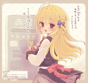 1girl :d ahoge back_bow banknote black_skirt blonde_hair blue_bow blush bow bowtie commentary_request cowboy_shot drop_shadow floating_hair from_side hair_between_eyes hair_bow hair_bun hair_intakes hamidashi_creative highres holding holding_money izumi_hiyori konoquro long_hair long_sleeves looking_at_viewer money one_side_up open_mouth pink_bow red_bow red_bowtie red_eyes school_uniform shirt simple_background single_side_bun skirt smile solo straight_hair translation_request white_background white_shirt