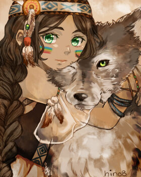 animal animal_hug black_hair black_shirt bracelet braid breasts brown_background brown_headband closed_mouth commentary_request dark-skinned_female dark_skin detached_sleeves expressionless eyelashes facepaint feather_hair_ornament feathers green_eyes hair_ornament headband hino_(8) jewelry lips long_hair low_twin_braids miracle_nikki multiple_bracelets native_american nikki_(series) partial_commentary pink_lips pleated_skirt pleated_sleeves pom_pom_(clothes) shirt signature skirt sleeveless sleeveless_shirt soaring_eagle_(miracle_nikki) twin_braids very_long_hair white_sleeves wolf