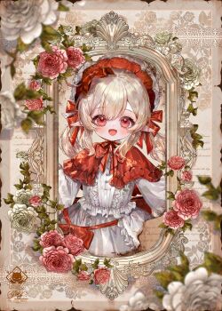 1girl alternate_costume blonde_hair bonnet bow capelet center_frills commentary dress flower frills genshin_impact highres klee_(genshin_impact) long_sleeves looking_at_viewer open_mouth pointy_ears red_bow red_capelet red_eyes red_flower signature smile solo utsuhostoria white_dress white_flower