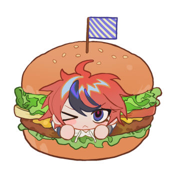 >_o 1boy :< ahoge ball_hands black_eyes black_streaks blue_eyes blue_sclera burger chibi chibi_only colored_sclera commentary_request drawstring food highres in_food male_focus multicolored_hair one_eye_closed red_hair red_pupils short_hair simple_background solo streaked_hair sumino_takumi tami_tome_mo the_hundred_line_-last_defense_academy- two-tone_hair white_background