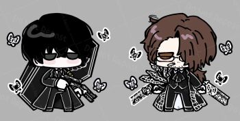 2boys animal_print armband beard_stubble black_armband black_butterfly black_coat black_eyes black_hair black_necktie black_vest brooch brown_eyes brown_hair bug butterfly butterfly_print chibi chibi_only cigarette coat coffin collared_shirt curtained_hair e.g.o_(project_moon) facial_hair frills full_body gregor_(project_moon) hair_between_eyes hair_over_one_eye highres insect jewelry jjong_(7_jjong_9) limbus_company male_focus monarch_butterfly multiple_boys necktie no_mouth official_alternate_costume open_clothes open_coat project_moon shirt short_hair solemn_lament_(e.g.o) stubble vest white_butterfly white_shirt yi_sang_(project_moon)