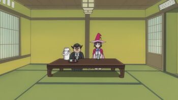 1boy 1girl animated bulge cup facial_hair fat fat_man fire hair_horns hat kirigiri_kyoko masochism mustache police principal_(to_love-ru) skirt socks striped_clothes sunglasses tagme tea to_love-ru underwear video witch_hat