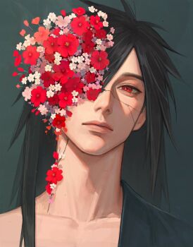 1boy aged_down black_hair cracked_skin flower flower_on_head head_tilt highres lips long_hair male_focus mature_male mdun1028 naruto_(series) naruto_shippuuden portrait red_eyes sharingan solo uchiha_madara