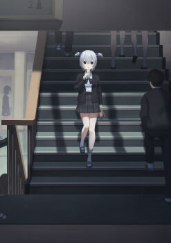 absurdres black_jacket black_skirt collared_shirt commentary_request drink grey_hair hair_between_eyes hair_ornament highres holding holding_drink indoors jacket long_sleeves multiple_boys multiple_girls original school_uniform shirt skirt socks stairs tokaki twintails white_socks