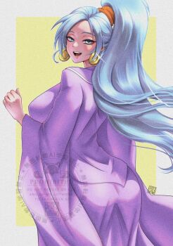 1girl blue_eyes blue_hair border breasts chrono_trigger cowboy_shot dress earrings gold_earrings hair_tie highres jewelry large_breasts long_dress long_hair long_sleeves looking_at_viewer open_mouth parted_bangs ponytail purple_dress schala_zeal shikiwo signature smile solo white_border wide_sleeves yellow_background