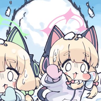 Rule 34 | 0 0, 2girls, animal ear headphones, animal ears, aqua coat, aqua mittens, black tail, blonde hair, blue archive, blush stickers, bow, cat ear headphones, cat ears, cat tail, chibi, chibi only, coat, comedic sweatdrop, commentary request, fake animal ears, fake tail, green halo, hair bow, halo, headphones, highres, long sleeves, low-tied sidelocks, midori (blue archive), midori (winter) (blue archive), mittens, momoi (blue archive), momoi (winter) (blue archive), multicolored coat, multiple girls, official alternate costume, open mouth, outdoors, pink halo, pink mittens, purple coat, scarf, siblings, sidelocks, sisters, snow, snow on head, snowball, tail, tareme, teardrop, twins, white coat, white scarf, winter, winter clothes, winter coat, yuuhikureroom6