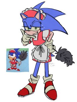 1boy animal_ears animal_nose apron blue_fur blush closed_mouth crossdressing crossdressing_(mtf) dress duster feather_duster full_body furry furry_male gloves green_eyes highres looking_at_viewer maid maid_headdress male_focus male_maid official_art_inset red_dress red_footwear simple_background smile solo sonic_(series) sonic_the_hedgehog standing sweatdrop tail waist_apron white_apron white_background white_gloves xue_gin