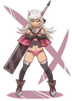 Rule 34 | 1girl, black boots, black cape, black gloves, black shirt, black thighhighs, boots, bridal gauntlets, cape, commentary, cougar (cougar1404), crossed arms, dark-skinned female, dark skin, demon horns, elbow gloves, full body, gloves, grey hair, groin, horns, huge weapon, looking at viewer, lowleg, lowleg panties, midriff, open mouth, original, panties, purple cape, purple horns, purple panties, revealing clothes, shirt, smirk, solo, standing, sword, thighhighs, two-sided cape, two-sided fabric, underwear, weapon, weapon on back, white background, yellow eyes