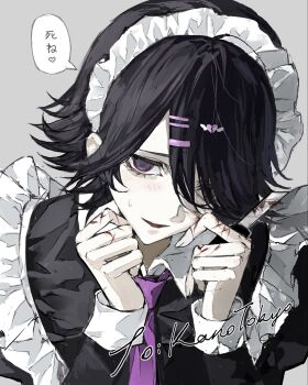 1boy alternate_costume black_dress black_hair blood blood_on_face blush boxcutter crossdressing dress enmaided grey_background hair_ornament hairclip hands_up heart highres holding holding_boxcutter konosekaino920 long_sleeves maid maid_headdress male_focus necktie original purple_necktie self-harm smile solo speech_bubble sweatdrop