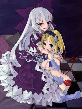 2girls aqua_eyes asymmetrical_sleeves bad_id bad_pixiv_id blonde_hair blue_eyes bow breasts checkered_floor demon_girl demon_tail doll doll_girl doll_joints dress drill_hair female_focus fur hairband hands_on_another's_shoulders headdress highres horns hug itokeito joints kneeling large_bow lesser_succubus licking licking_arm living_doll_(monster_girl_encyclopedia) lolita_fashion long_hair low_wings medium_breasts mismatched_sleeves monster_girl monster_girl_encyclopedia monster_girl_encyclopedia_ii multiple_girls nipples nude pointy_ears purple_eyes short_hair silver_hair tail tongue very_long_hair wings