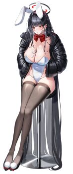 1girl absurdly_long_hair absurdres alternate_costume animal_ear_hairband animal_ears bar_stool black_hair black_halo black_jacket black_shoes black_thighhighs blue_archive blush breasts bright_pupils cleavage commentary_request covered_navel fake_animal_ears hairband halo hands_in_pockets high_heels highleg highleg_leotard highres hsxxx jacket large_breasts leotard long_hair looking_at_viewer multicolored_halo open_clothes open_jacket parted_lips playboy_bunny pom_pom_(clothes) pom_pom_footwear rabbit_ears red_eyes red_halo rio_(blue_archive) shoes simple_background sitting solo stool strapless strapless_leotard thighhighs two-tone_halo very_long_hair white_background white_hairband white_leotard