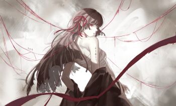 1girl bare_shoulders black_hair breasts chest_sarashi chisa_(wuthering_waves) clothes_down commentary cowboy_shot from_behind hair_ribbon highres kutu long_hair looking_at_viewer looking_back medium_breasts mole mole_under_eye parted_lips red_eyes red_ribbon ribbon sarashi sideways_glance simple_background solo tacet_mark_(wuthering_waves) wuthering_waves