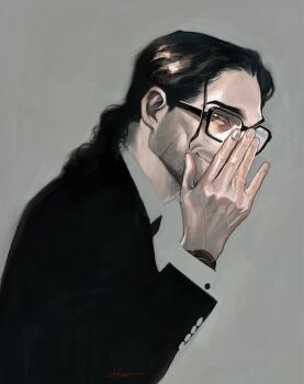 1boy beard_stubble black-framed_eyewear black_hair black_jacket brown_eyes collared_shirt ctkcave facial_hair from_side glasses grey_background grey_shirt hair_slicked_back jacket jewelry looking_at_viewer male_focus mature_male medium_hair one_eye_covered original ring shirt simple_background smile solo stubble suit_jacket upper_body watch wristwatch