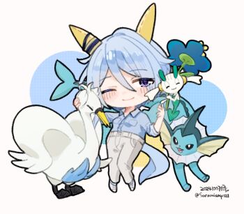 Rule 34 | 1girl, animal ears, beak, bird, blue eyes, blue flower, blue hair, blue shirt, blush, breasts, casual, chibi, closed eyes, closed mouth, collared shirt, commentary request, ear covers, floette, floette (blue flower), flower, gen 1 pokemon, gen 5 pokemon, gen 6 pokemon, hair between eyes, highres, holding, horse ears, horse girl, horse tail, k.s.miracle (casual) (umamusume), k.s.miracle (umamusume), long sleeves, looking at viewer, nintendo, one eye closed, open mouth, pants, pokemon, pokemon (creature), saramiao-chan, shirt, short hair, smile, swan, swanna, tail, umamusume, vaporeon, white pants, wings