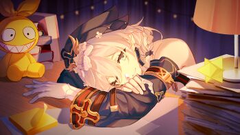 1girl birthday braid closed_mouth detached_sleeves gloves green_sleeves green_veil hand_on_own_arm head_on_table highres homu_(honkai_impact) honkai_(series) honkai_impact_3rd lamp long_sleeves looking_at_viewer one_eye_closed paper_stack sang_sha side_braid smile solo sticky_note stuffed_toy theresa_apocalypse theresa_apocalypse_(astralop) veil white_gloves white_hair
