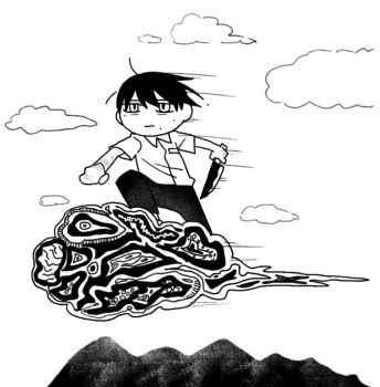 Rule 34 | 1boy, asakura (asakuraren01), closed mouth, cloud, collared shirt, flying, greyscale, hair between eyes, highres, hikaru ga shinda natsu, holding, holding knife, kitchen knife, knife, male focus, mole, mole on cheek, mole under eye, mole under mouth, monochrome, multiple moles, on cloud, pants, school uniform, shirt, short hair, short sleeves, standing, tsujinaka yoshiki