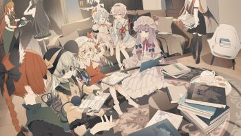 6+girls ;d animal_ear_fluff animal_ears apron ascot bat_wings beret bird_wings black_bow black_hair black_hairband black_hat black_ribbon black_shoes black_skirt black_thighhighs black_vest blonde_hair blue_bow blue_hair blue_shirt blue_skirt blue_vest blunt_bangs bobby_socks book book_stack bow braid carpet cat_ears center_frills champagne_flute collared_shirt couch crescent crescent_hat_ornament cup curtains dress drinking_glass fang flandre_scarlet frills glass_table green_dress green_skirt green_vest hair_bow hair_ornament hairband hands_on_headwear hashtag-only_commentary hat hat_bow hat_ornament hat_ribbon head_out_of_frame heart heart_hair_ornament heart_of_string highres holding holding_book holding_pen holding_tray hong_meiling indoors izayoi_sakuya kaenbyou_rin kamishirasawa_keine koakuma komeiji_koishi komeiji_satori loading_icon long_hair long_sleeves low_wings mob_cap multiple_girls neck_ribbon necktie no_shoes one_eye_closed open_mouth patchouli_knowledge pen pink_dress pink_hair pink_hat pink_shirt pink_skirt pointing pointing_at_another puffy_short_sleeves puffy_sleeves purple_hair rcs_4 red_bow red_hair red_necktie red_vest reiuji_utsuho remilia_scarlet ribbon shirt shoes short_hair short_sleeves sitting skin_fang skirt smile socks standing striped_clothes striped_dress table teacup teapot thighhighs third_eye touhou tray vertical-striped_clothes vertical-striped_dress very_long_hair vest waist_apron white_apron white_hat white_shirt white_socks wide_sleeves wings wrist_cuffs yakumo_ran yellow_ascot yellow_bow yellow_ribbon yellow_shirt