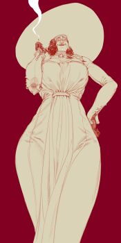 Rule 34 | 1girl, a tai, alcina dimitrescu, black hair, breasts, cigarette, cowboy shot, dress, earrings, from below, furrowed brow, giant, giantess, gloves, hand on own hip, hat, highres, holding, holding cigarette, jewelry, large breasts, lipstick, long dress, long sleeves, makeup, necklace, parted lips, pearl earrings, pearl necklace, red background, resident evil, resident evil village, short hair, smile, solo, sun hat, wavy hair, white dress, white hair, wide brim