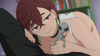 1boy 1girl alien artist_logo ass ayase_momo black_choker black_pants blurry blurry_background bookshelf brown_eyes brown_hair choker commentary dandadan furrowed_brow half-closed_eyes highres holding holding_toy indoors keihh logo looking_at_viewer naughty_face paid_reward_available panties pants pendant_earring phallic_symbol pov pov_crotch sexually_suggestive short_hair smile symbol-only_commentary toy underwear white_panties