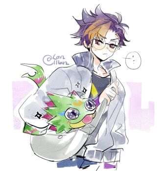 Rule 34 | 1boy, black shirt, blonde hair, blue hair, cowboy shot, digimon, digimon (creature), digimon beatbreak, gecko, gekkomon, jacket, lanlllan, male focus, multicolored hair, purple eyes, round eyewear, shirt, simple background, sparkle, tenma tomoro, two-tone hair, white jacket