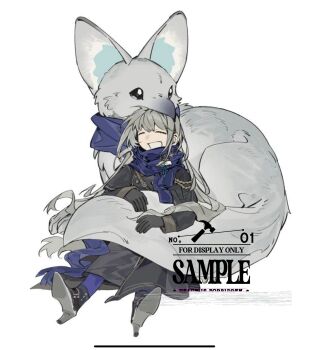 1girl animal ankle_boots bkornblume black_boots black_coat black_gloves blue_neckerchief blue_pantyhose blue_scarf boots closed_eyes coat ein_(einnnn) fennec_fox full_body gloves grey_hair high_heels highres leaning_on_animal long_hair neckerchief open_mouth oversized_animal pantyhose reverse:1999 sample_watermark scarf sitting smile solo watermark