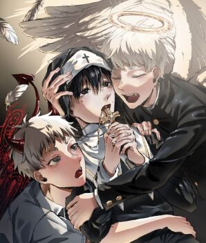 Rule 34 | 3boys, alternate costume, angel and devil, black hair, blush, buttons, closed eyes, collared shirt, commentary request, cross, cross necklace, dual persona, feathered wings, feathers, gakuran, glowing, glowing halo, grey eyes, hair between eyes, halo, highres, hikaru ga shinda natsu, horns, indou hikaru, indou hikaru (human), jewelry, korean commentary, long sleeves, male focus, mam memi, mole, mole on cheek, mole under eye, multiple boys, multiple moles, necklace, nun, open mouth, red pupils, school uniform, shirt, short eyebrows, short hair, short sleeves, slit pupils, tail, tsujinaka yoshiki, upper body, white hair, white shirt, wings, yaoi