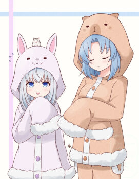 2girls adapted_costume animal animal_ears animal_hood animal_on_head arm_at_side artist_name assault_lily bear_hood blue_eyes blue_hair blush breasts buttons closed_eyes commentary_request cowboy_shot fake_animal_ears flying_sweatdrops fur-trimmed_pajamas fur-trimmed_sleeves fur_trim grey_hair hamster hamster_on_head hand_up hands_up hood hood_up inoguchi_minto long_hair long_sleeves makino_mitake medium_breasts multiple_girls on_head open_mouth orange_pajamas orange_pants pajamas pants parted_bangs pink_pajamas rabbit_ears rabbit_hood sleeves_past_fingers sleeves_past_wrists smile standing sweatdrop tsuboi_nanaho watermark white_background