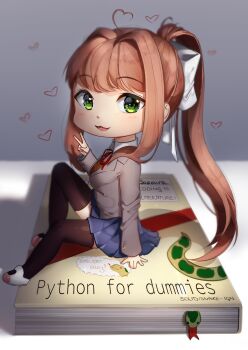 1girl :3 :d absurdres ahoge artist_name black_thighhighs blue_skirt book book_focus bookmark brown_hair chibi commentary doki_doki_literature_club english_commentary english_text female_focus green_eyes hair_ribbon heart heart_ahoge highres long_hair looking_at_viewer monika_(doki_doki_literature_club) open_mouth ponytail python_(programming_language) ribbon sasoura school_uniform sitting skirt smile solo thighhighs v very_long_hair white_ribbon