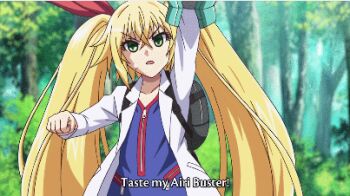 2girls animated animated_gif black_hair blonde_hair bouncing_breasts breasts cleavage hizuki_touko huge_breasts kagaku_na_yatsura kuze_airi lowres mechanical_arms multiple_girls nipples nozaki_masaya single_mechanical_arm subtitled