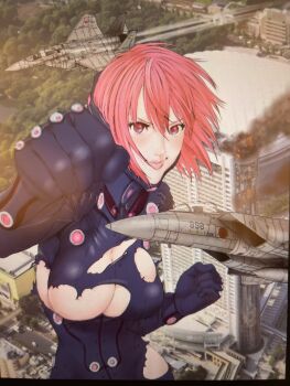 1girl aircraft airplane asymmetrical_underboob breasts building chiho_johansson f-15_eagle fighter_jet fire gantz gantz_suit gigant highres japan_air_self-defense_force japan_self-defense_force large_breasts military military_vehicle official_art oku_hiroya pink_hair torn_clothes